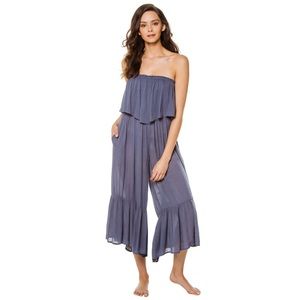 Elan Blue Flounce Wide Leg Jumpsuit Strapless Ruffle Swim Cover Up Small NWT